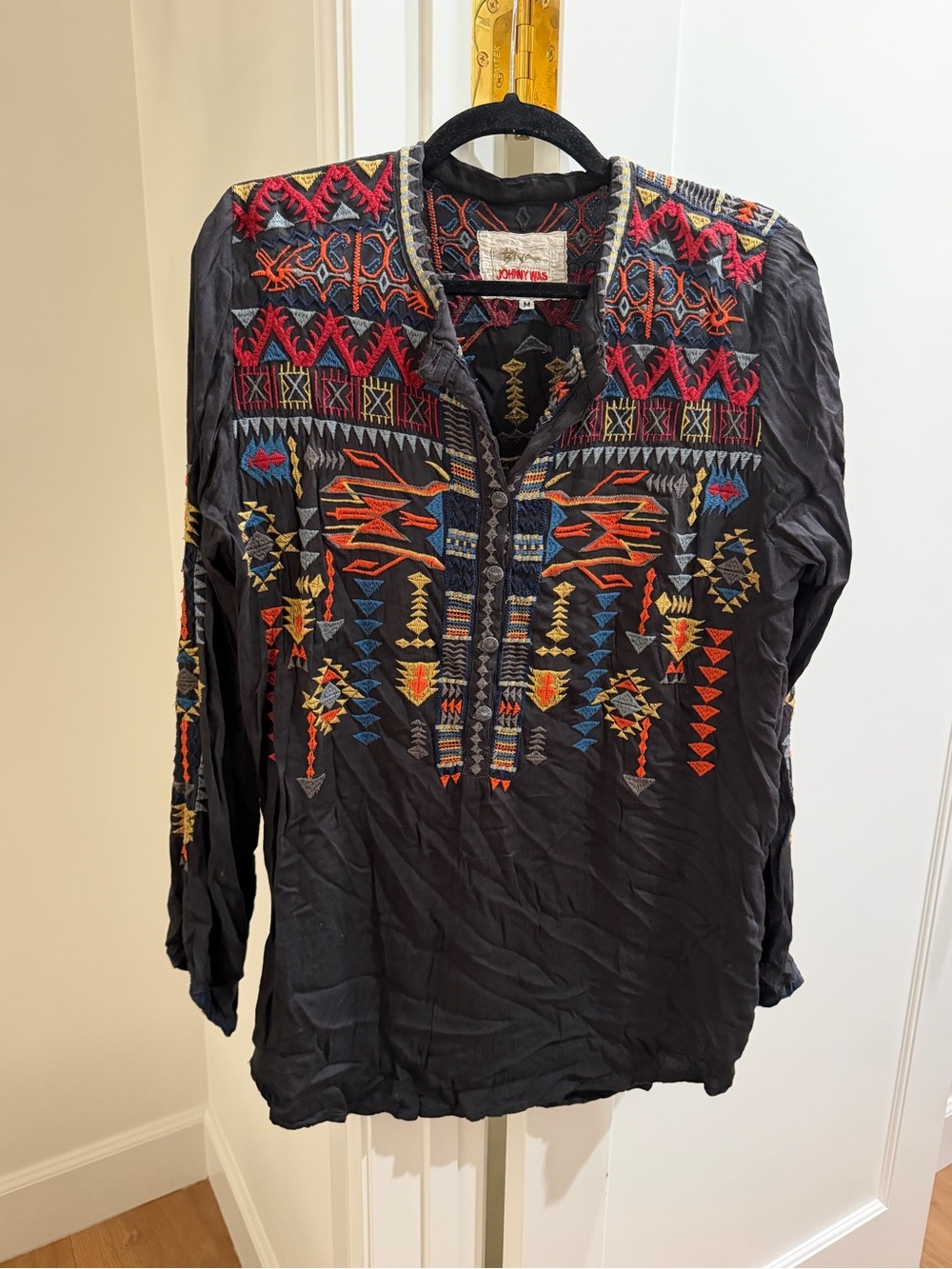 Johnny Was Aztec Gray Embroidered Blouse